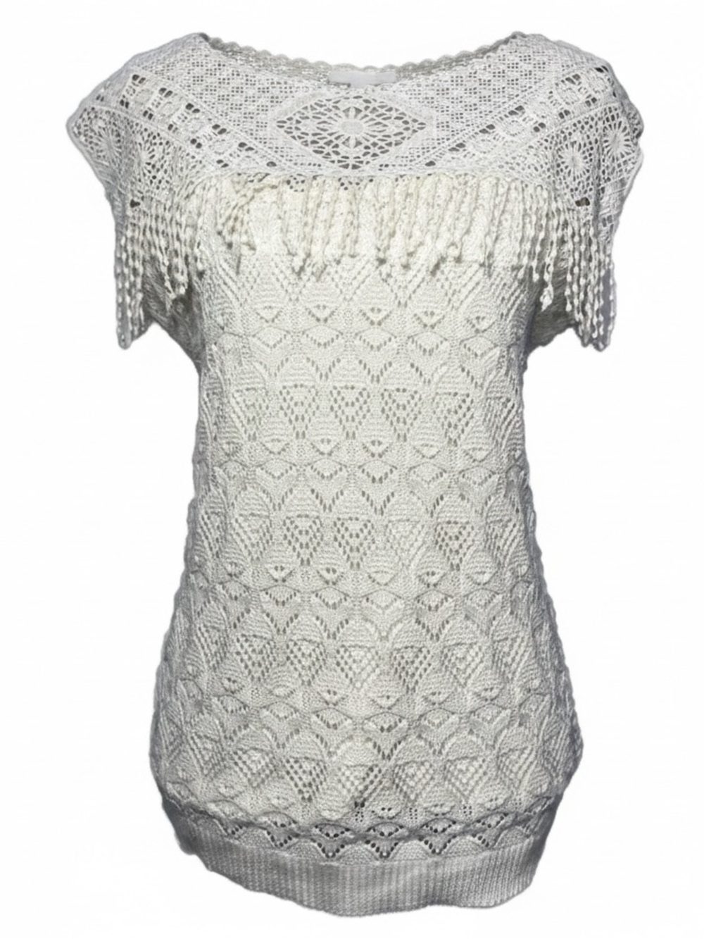 Ruby Rd Vanilla Fringed Crochet Top with Cami Womens size Large Petite